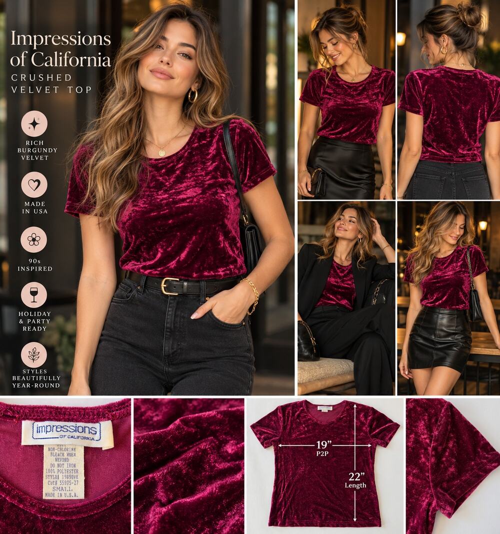Impressions of California Crushed Velvet Top Small Burgundy Whimsigoth